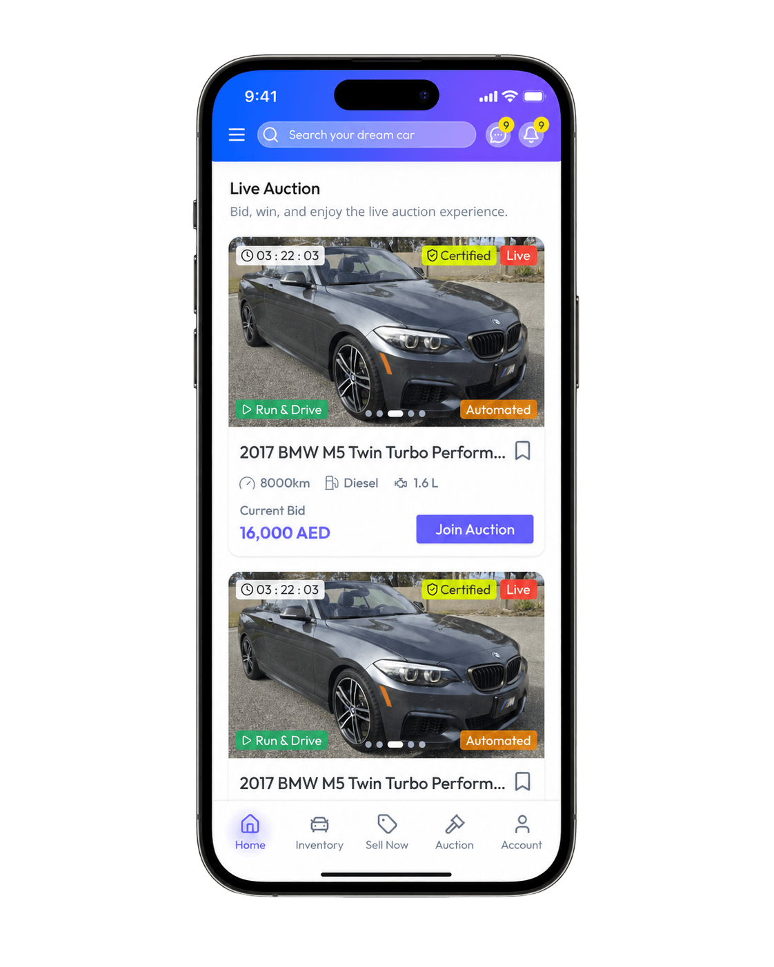Carwa mobile app showing a live vehicle auction